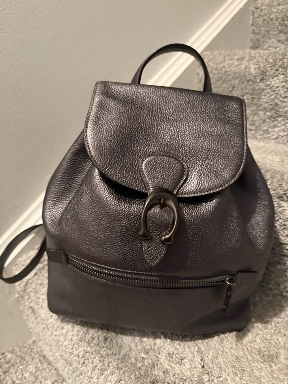 Coach Evie Backpack in metallic graphite polished pebble leather.